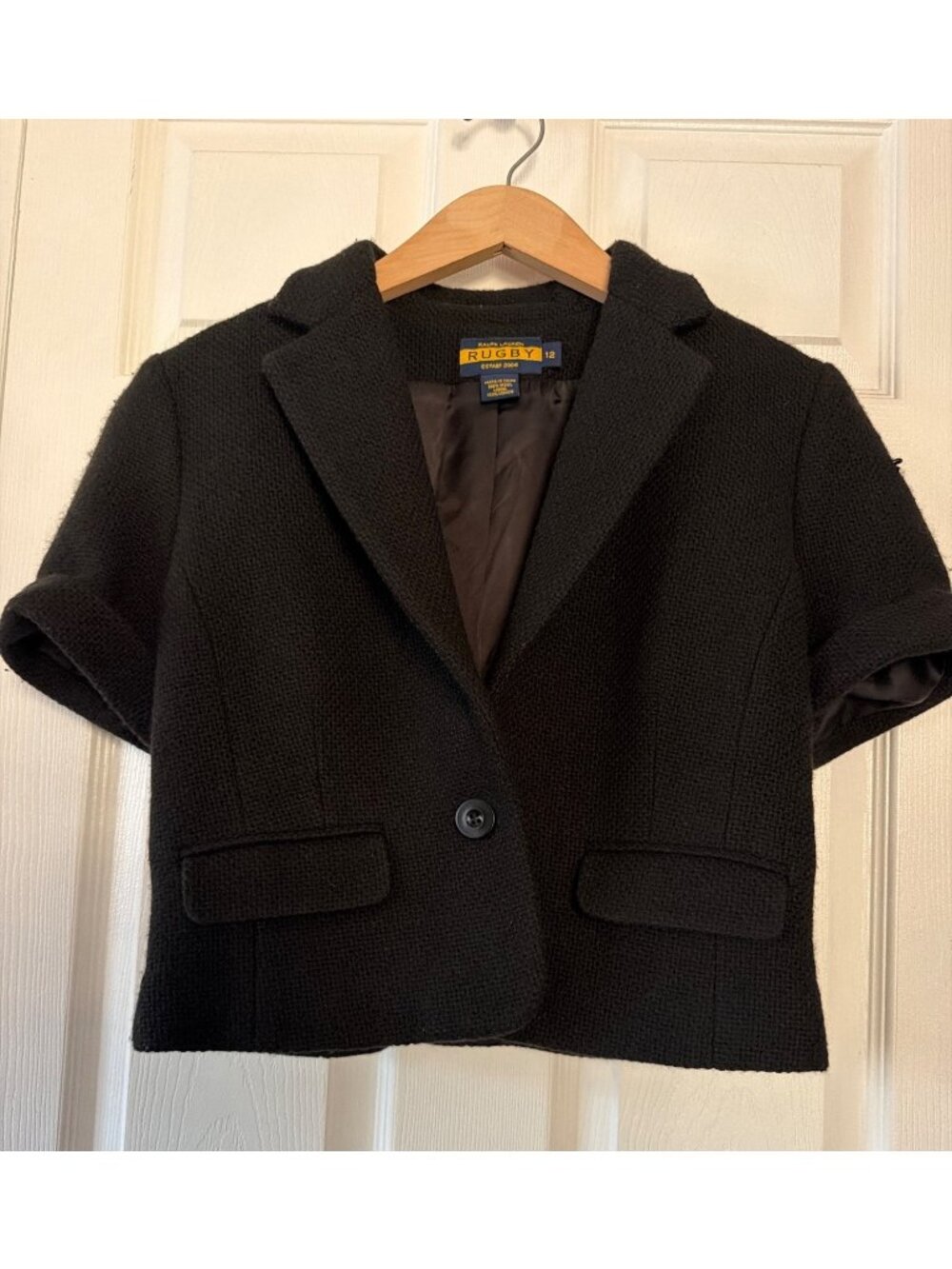 Ralph Lauren Rugby Blazer Black Wool Short Sleeve Cropped Jacket Women's Sz 12